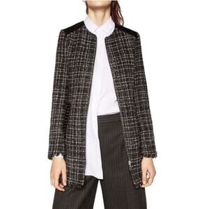 Zara Black Tweed Embellished Faux Leather Contrast Full Zip Coat